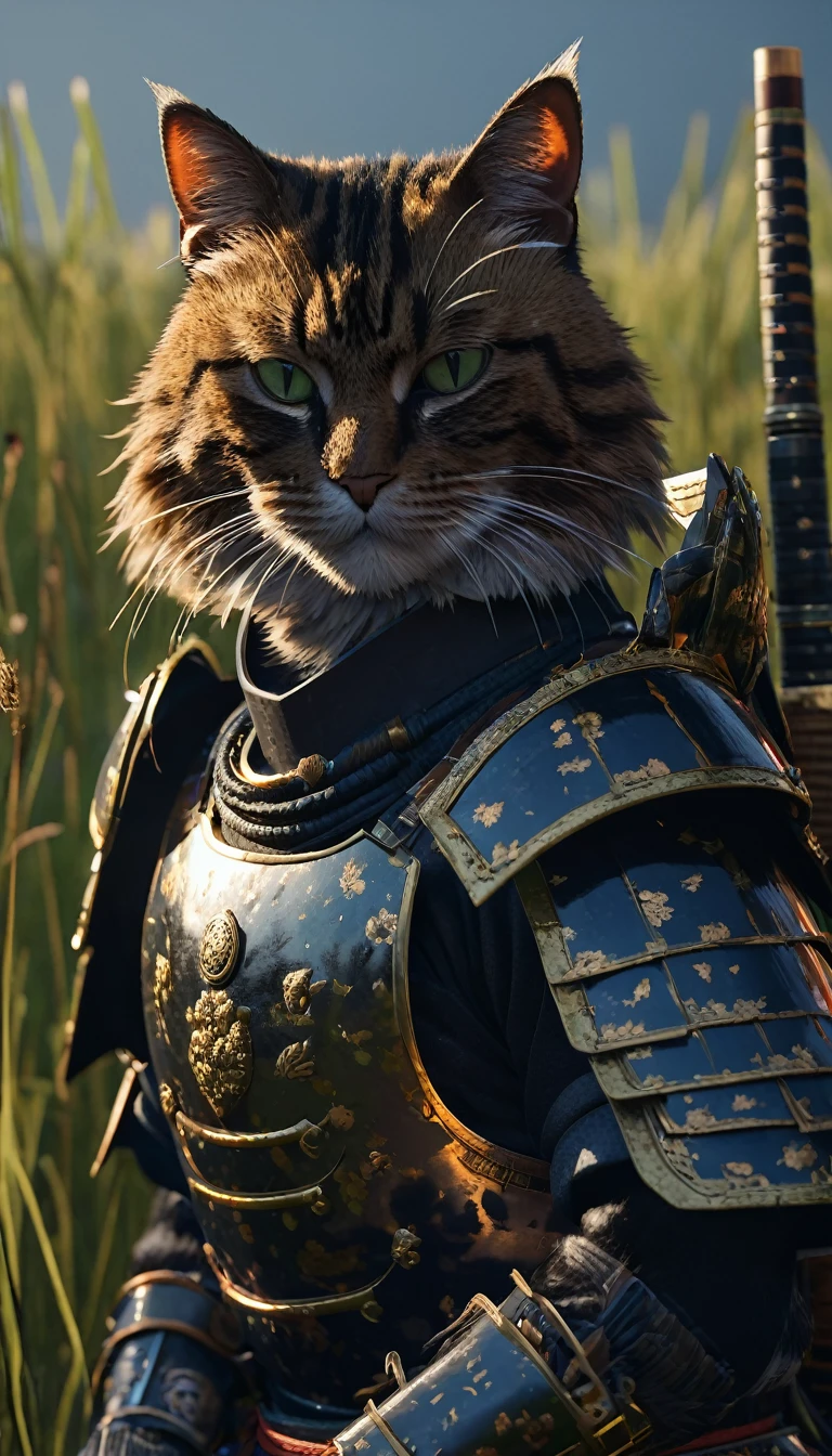 masterpiece, (Super detailed), (Animal anthropomorphism), Cat, good looking, Japanese Armor,knife、 Dim lighting, cigarette, Shadow, Night grassland battlefield, Highest quality, Single Focus, (skimming: 1.1), Muscular man, whole body, Complex (High detail: 1.1) Unreal Engine.multiple、
