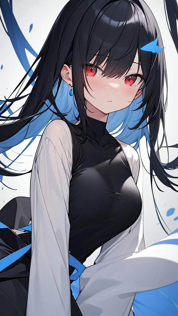 monochrome color, Blue Art, grayscales、masterpiece、top-quality、Top image quality、straight haired、Hanging eyes、kawaii、A dark-haired、red eyes、the wind、ビル群
