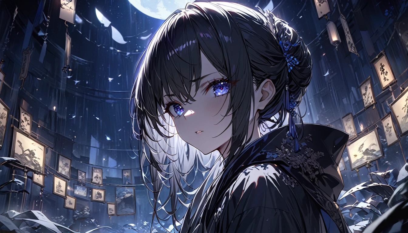 (Very detailed 8k 壁紙),(Super detailed),(Highest quality),(masterpiece),(Very detailed),(Cinema Lighting),(original),Cold Light,Sulky,(Chinese exquisite paintings),One girl,alone,Black Hair,Black Robe,Simple clothing and decoration,(((Eyes shining in the moonlight))),((Villain image)),(((Arrogant look)))