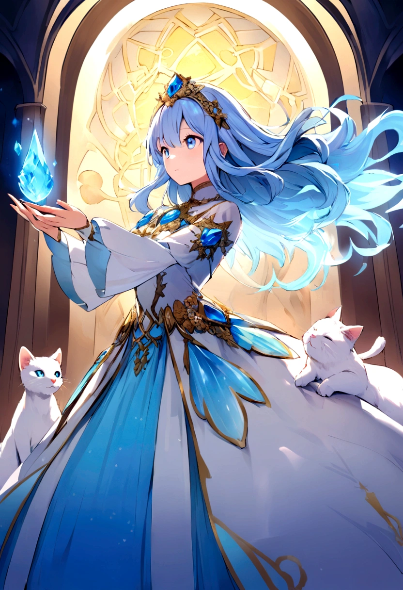 Image of Mira, the white cat, explaining the ancient magical power of the blue crystal to Luna. The crystal is glowing brightly between them.