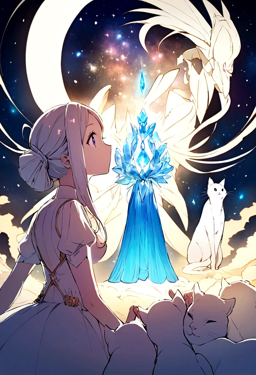 Image of Mira, the white cat, explaining the ancient magical power of the blue crystal to Luna. The crystal is glowing brightly between them.