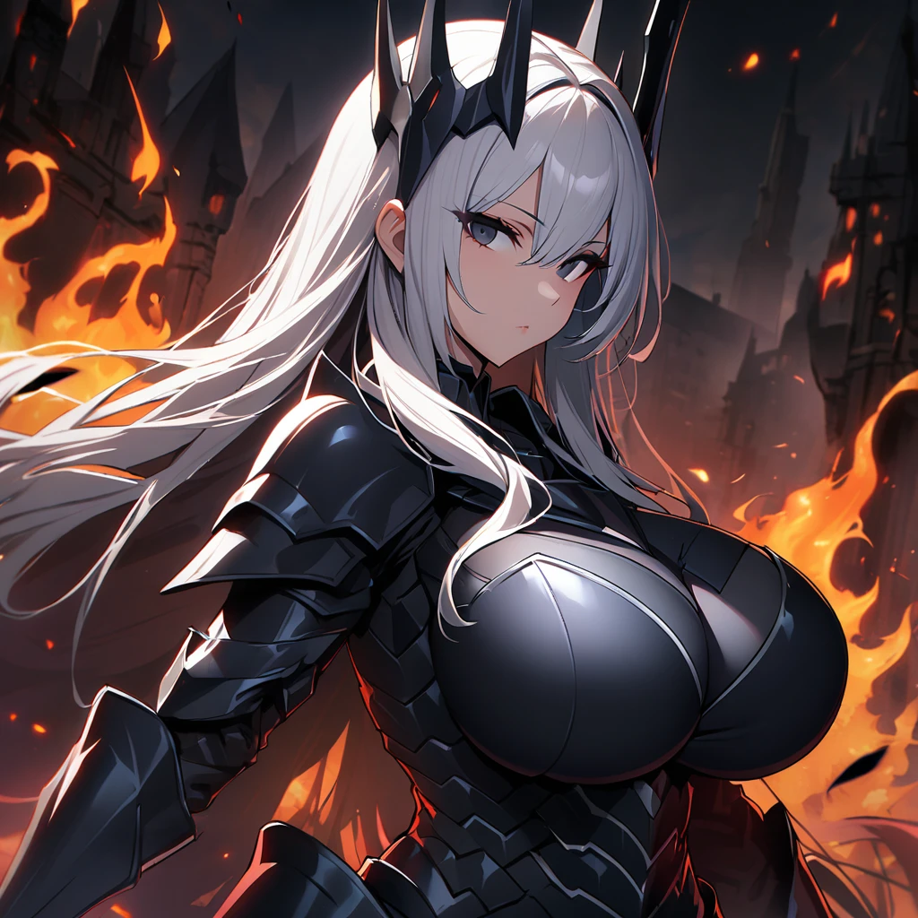 1girl,solo,long hair,white hair color,Jet-black eyes color,lip,super huge breasts,expressionless,Jet-black armor,breasts restrained by armor,fall into darkness,darkness knight,dark sword,burst into flames,dark flame,blue flame,looking at viewer,intent to murder,a contemptuous glance,dark castle back ground