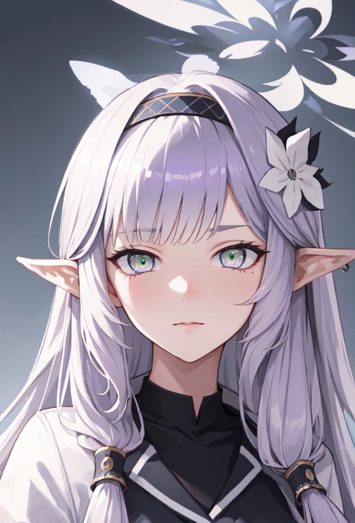 (safe:1.10), best quality, masterpiece, highres, solo, (himari_bluearchive:1.10), portrait, looking at viewer, 11 long light purple hair, light green eyes 