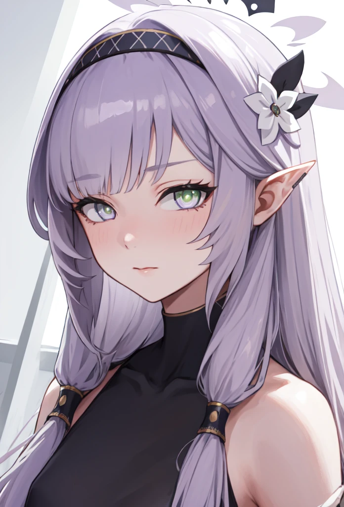 (safe:1.10), best quality, masterpiece, highres, solo, (himari_bluearchive:1.10), portrait, looking at viewer, 11 long light purple hair, light green eyes 