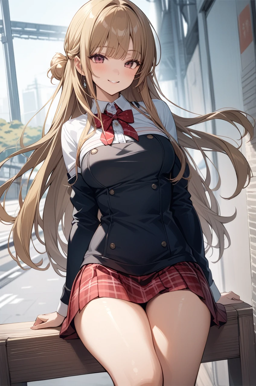 Beautiful sexy 1girl, blonde hair, (straight hair), bangs on one side, head tilt, (waist), plaid skirt, red bowtie, arms behind back, looking at viewer, happy smile, tokyo, outdoor, from above, 20 yo, (depth of field), masterpiece, best quality, wearing bikini, cleavalage:1.1, (illustlation)