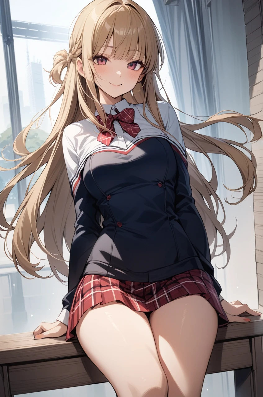 Beautiful sexy 1girl, blonde hair, (straight hair), bangs on one side, head tilt, (waist), plaid skirt, red bowtie, arms behind back, looking at viewer, happy smile, tokyo, outdoor, from above, 20 yo, (depth of field), masterpiece, best quality, wearing bikini, cleavalage:1.1, (illustlation)