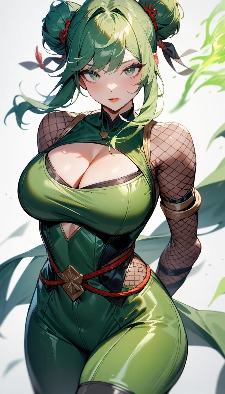 1girl,solo,super detailed skin,shiny skin,expressionless face,green hair,sidelocks,double bun,eyelashes,lips gloss ,large breasts,fullbodysuit,fishnet arms,cleavage cutout,ninja clothes ,arms behind back,cowboy shot,wind magic,simple background,masterpiece,best quality,ultra detailed,high resolution,sharp focus