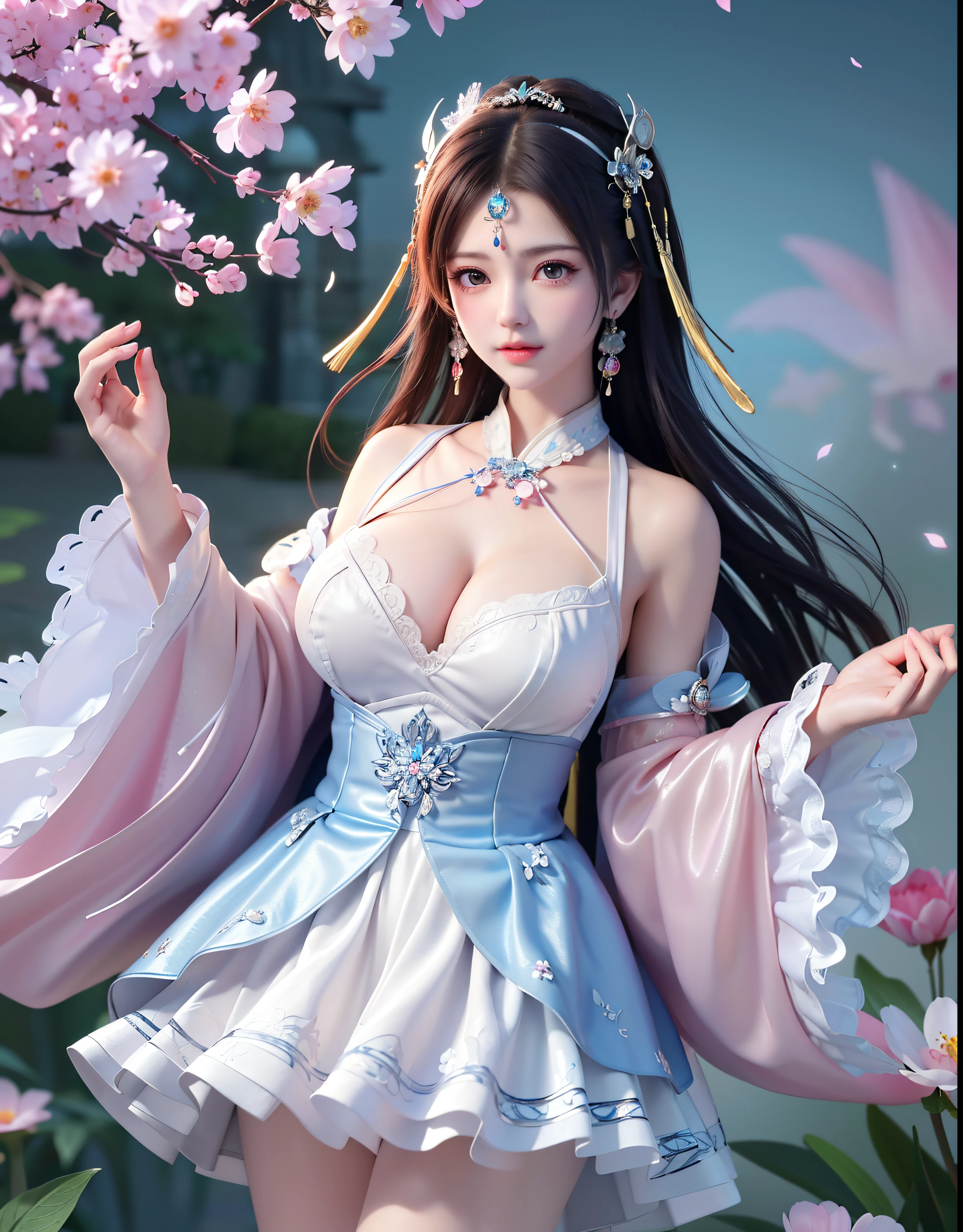 (8k, RAW photo:1.2), best quality, ultra high res,dramatic angle,(fluttered detailed color splashs), (illustration),(((1 girl))),(long hair),(rain:0.9), (Headdress:1.4),There is an ancient palace beside the girl,Hanfu,(Key Points),Color ink painting,(Splash of Color),Splash of Color,(((colorful))),(sketch:0.8) , Masterpiece, best quality, beautiful painted, highly detailed,(denoising:0.6),[splash ink],((ink refraction)), (beautiful detailed sky),moon,highly,detaild,(masterpiece, best quality, extremely detailed） CG Unity 8k Wallpaper，masterpiece，best quality，Ultra Detailed），（Lycoris）.shoulder ballet dress open V-chested clothes Thin silk lace dress short skirt , (huge ，cleavage),, white pink, blue ，best qualtiy，tmasterpiece，Ultra-high resolution，（Reality：1.4），RAW photogr，（True skin texture：1.3），（filmgrain：1.3），（Selfie angle），1个Giant Breast Girl，Beautiful eye and face details，tmasterpiece，Best quality at best，，The chest more exposed， detailed hair, bra pink , detail 8k, full body, lace petticoat, fan handle