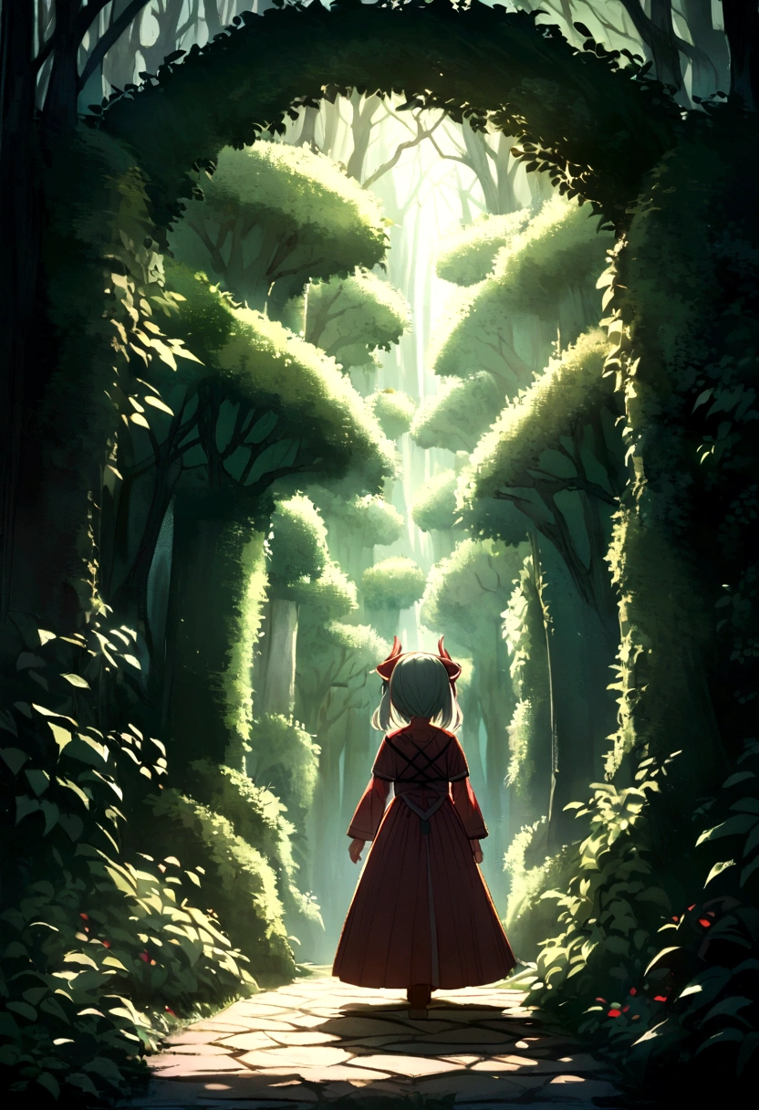 Image of Luna entering a magical maze in the forest. The maze is made of tall, ever-changing hedges, and Luna looks determined.