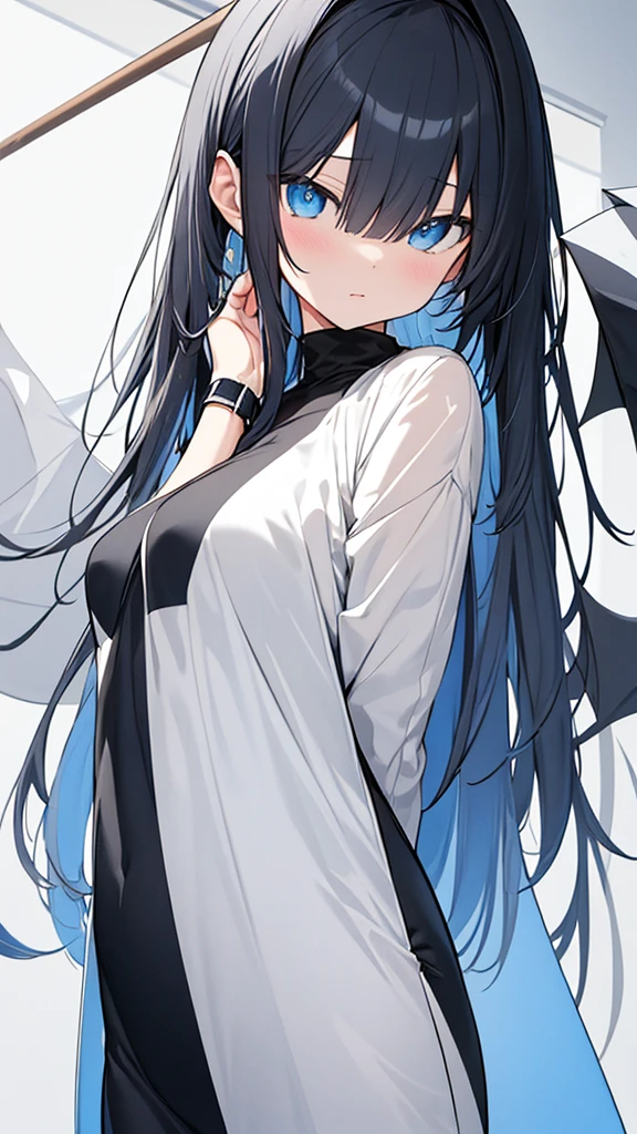 monochrome color, Blue Art, grayscales、masterpiece、top-quality、Top image quality、straight haired、Hanging eyes、kawaii、A dark-haired、blue eyes、the wind、ビル群