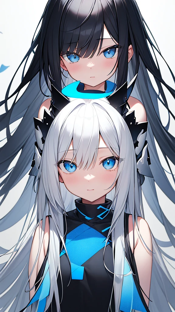 monochrome color, Blue Art, grayscales、​masterpiece、top-quality、Top image quality、straight haired、Hanging eyes、kawaii、A dark-haired、blue eyes、the wind、ビル群
