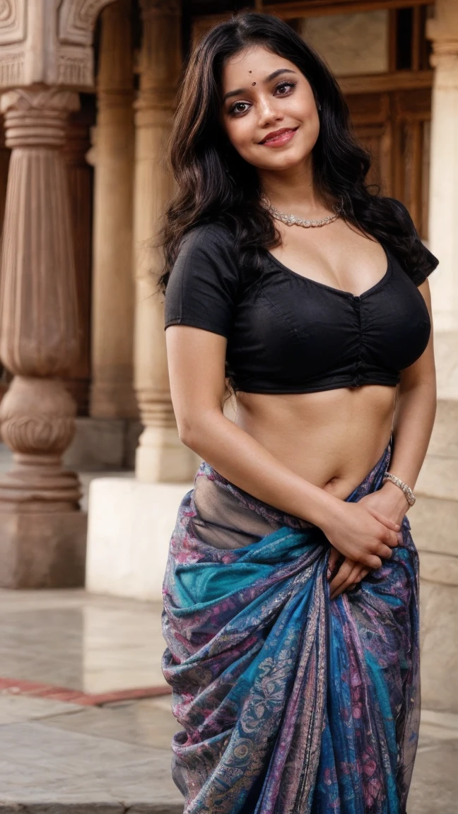 a 26 years old beautiful different face cute sexy Indian girl, curvy figure, beautiful different colorful covered t-shirt blouse premium design Banarasi design saree, big m-cup tight breast, different hairstyle, bright eyes, thin eyebrows, fair skin, blushing cheeks, head to thigh view, smiling face, Kamasutra expression, Straight front view standing beautiful different luxury resort background, ultra realistic, head to thigh view, black hair, Provocative eye Contact, glossy lips, attractive eye contract face,