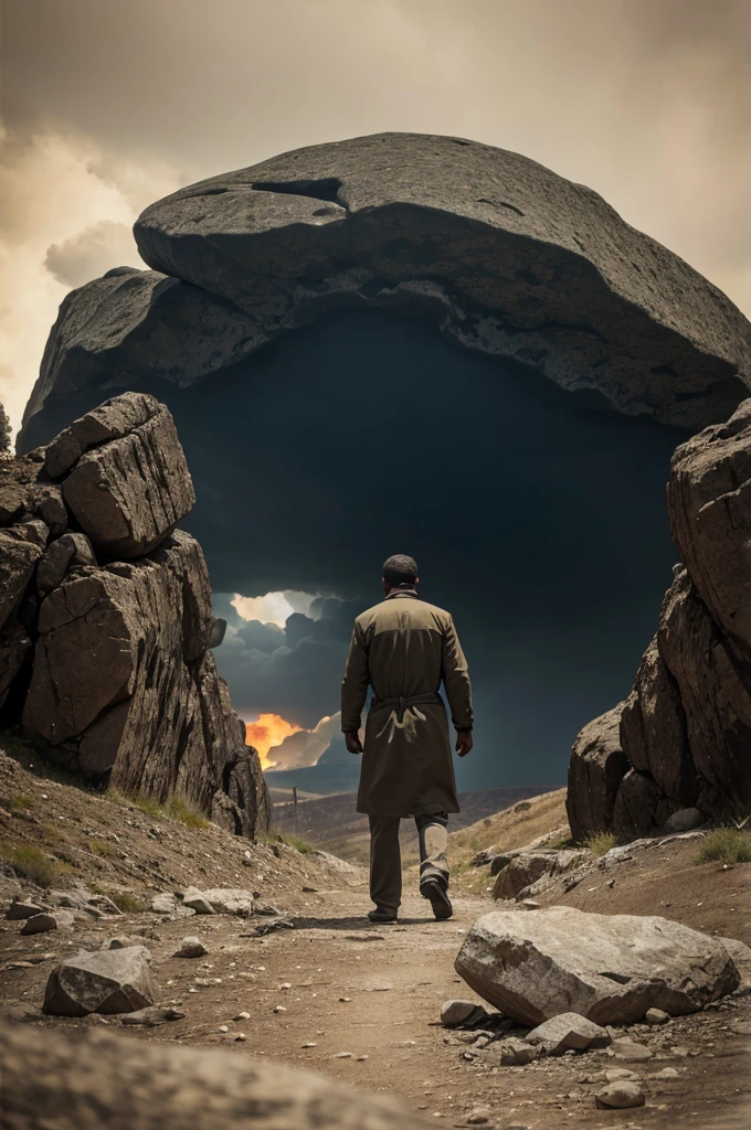 a man hiding behind a rock during 2 nuclear blasts