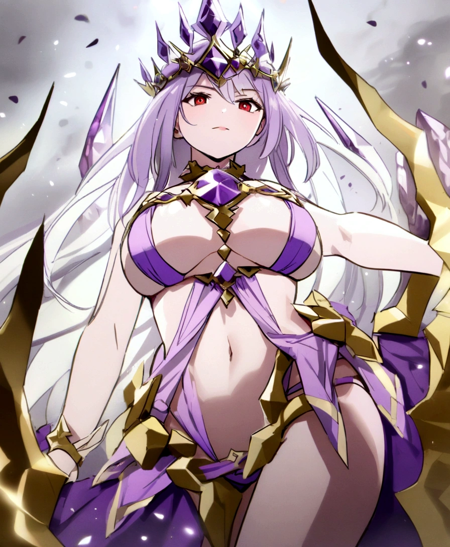 amethyst bikini, amethyst crown, bare belly, big breasts, purple hair, red eyes, godness of thunder, thunder magic