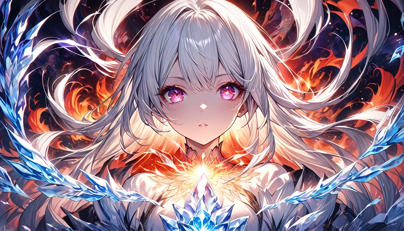 Realistically、masterpiece quality、Highest quality、Official Art、Beauty and aesthetics：1.2、Highly detailed fractal art、Colorful Abstract Background、daughter、Kamimei、hair color、Long white hair、Glowing red eye mystical magic、Girl of Ice and Fire