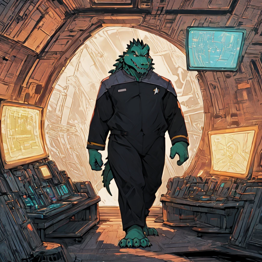 (((Barefoot scaley character, full body, cinematic setting, furry male, plantigrade))) 
Doctor (((kingkrool))), crocodile, green skin, reptile, gold bracelets, scales, bloodshot eye, fat, obese,
exudes confidence and authority, wears star trek DS9 doctor teal uniform, ((ds9st, black and grey star trek uniform, grey shoulders, teal neck, black jumpsuit, black pants)) dynamic pose, holding medical tricorder
((starship interior with many screens and consoles)), futuristic look, metalic, bright colors
BREAK, intricate details, highly detailed, extreme detail, octane render, fine art, best quality, highres, (detailed face:1.5), ((full_body)), UHD, (((perfect hands))), ((low light:1.5))