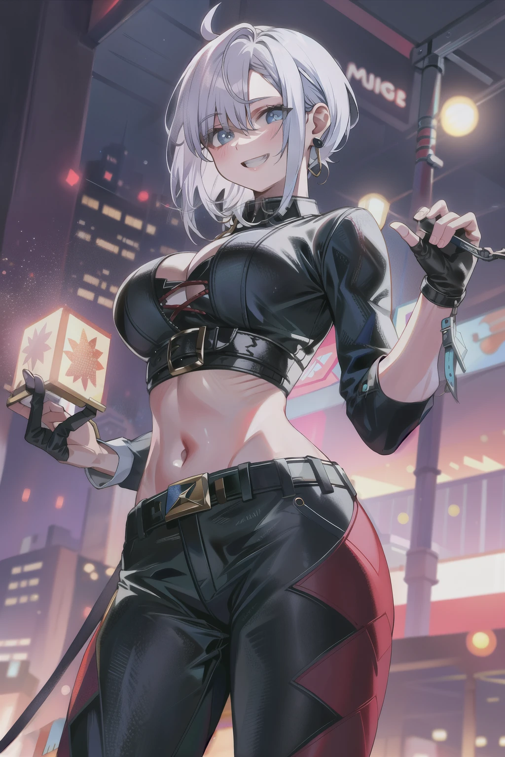 A beautiful white-haired woman, with messy and spiked hair, extremely detailed, delicate facial features, piercing eyes, full lips, long eyelashes, porcelain skin, serene expression, fingerless white gloves,flowing white hair, detailed cyberpunk kunoichi clothing, red and white textile patterns, fantasy style, cinematic lighting, vibrant colors, 8k, best quality, masterpiece, standing, cute, holding chains whip, fullbody shot, cowboy shot