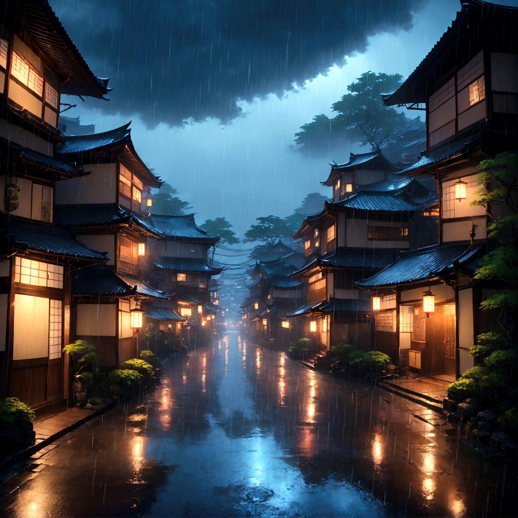 Beautiful fantasy world, Japanese style, Town, First Person View, evening, rain, Silence, Moist air, anxiety