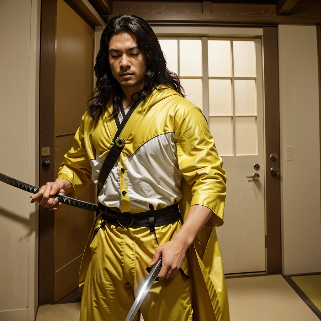 realistic 80 film anime character holding a sword, demon slayer realistic character, anime character holding a sword falling , falling into a void composed of shoji Japanese castle loop indoor structure doors, he is very focused, with half-closed eyes, devoid of emotions, wearing a yellow cloak with small white triangular parts. pants black, katana sword with yellow edge of the katana