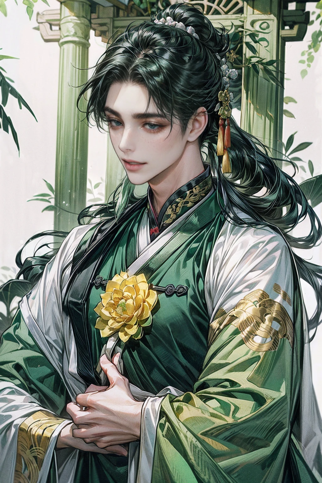 xianxia, (((best quality))),masterpiece,ultra high resolution,extraordinarily beautiful youth, a bright, villains smile,All green clothing,((boy 24 year old, green hanfu,green clothing, Chinese shirt style)) ,boy character ,((Thick black long hair)),beautiful face,detailed interior, detailed boy,((man)),(in bamboo forest), house China style, pure white lotus,beautiful and cute boy ,black eyes,((solo man)),(he has a Big eyes, charming lips, slim nose and small face),(slim figures ),ponytail and 冠, Hiogi fan,Japanese fan ,very long hair, thick hair, black hair ,eyes detailed,pony tails,