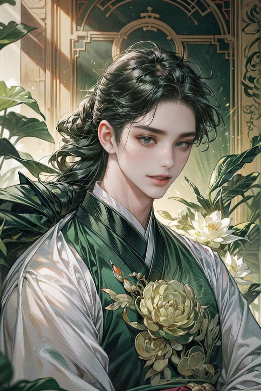 xianxia, (((best quality))),masterpiece,ultra high resolution,extraordinarily beautiful youth, a bright, villains smile,All green clothing,((boy 24 year old, green hanfu,green clothing, Chinese shirt style)) ,boy character ,((Thick black long hair)),beautiful face,detailed interior, detailed boy,((man)),(in bamboo forest), house China style, pure white lotus,beautiful and cute boy ,black eyes,((solo man)),(he has a Big eyes, charming lips, slim nose and small face),(slim figures ),ponytail and 冠, Hiogi fan,Japanese fan ,very long hair, thick hair, black hair ,eyes detailed,pony tails,