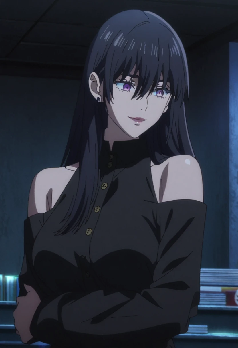 1girl, female gojo satoru, anime screencap from jujutsu kaisen, gojo satoru female version, solo, long_hair, purple eyes (black_hair)), night view, (hanging breasts) upper_body, smile, indoors, book, purple_eyes, lips, ((wearing black colour clothes with button, bare shoulder)) breast, "very detailed and high resolution" (purple eyes) (cross arms) ((long hair, hair between eyes)) ((solo)) (front view) (earings) ((high resolution)) ((good quality)) ((side bangs))