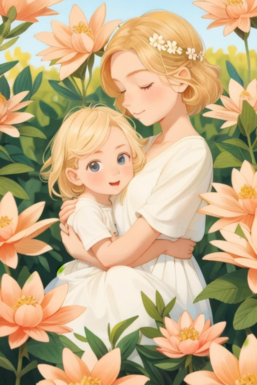 Fond naturel avec une jeune fille aux cheveux blonds, brown eyes and peach complexion surrounded by flowers