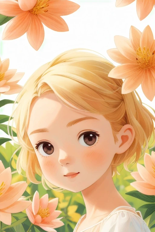 Fond naturel avec une aux cheveux blonds, brown eyes and peach complexion surrounded by flowers