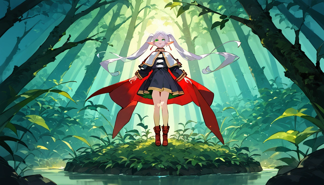anime artwork, score_9, score_8_up, score_7_up, score_6_up, score_5_up, score_4_up,frieren, 1girl, green eyes, grey hair, twintails, pointy ears, eyebrows, earrings \\\\\\ floox style \\\\\ ,capelet, panorama, evil smile, greenery, full body
