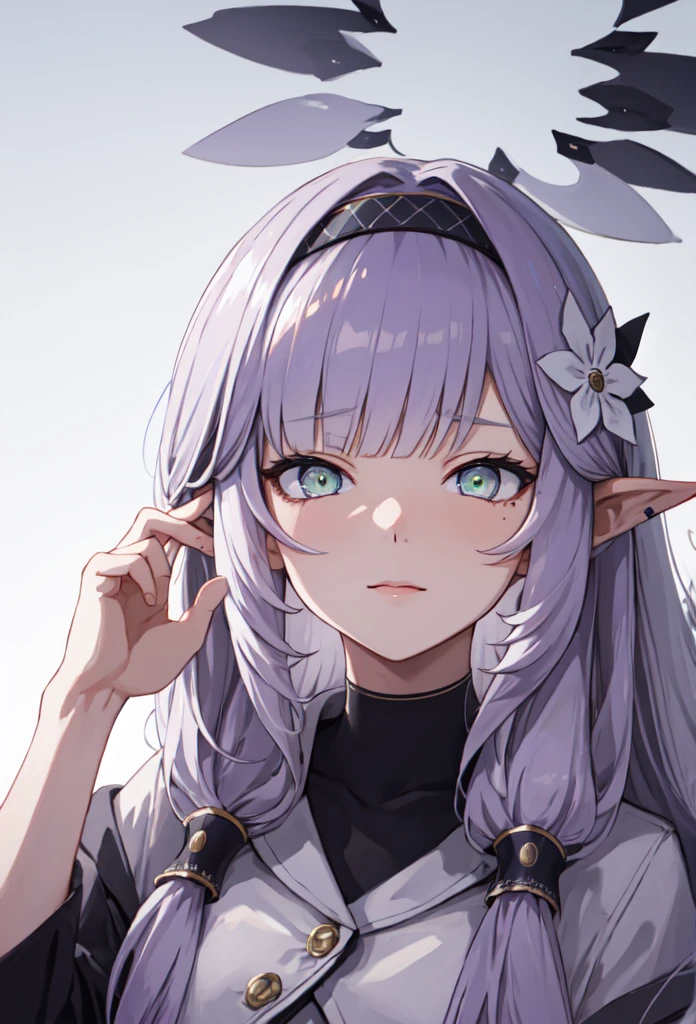 (safe:1.10), best quality, masterpiece, highres, solo, (himari_bluearchive:1.10), portrait, looking at viewer, 11 long purple hair, light green eyes 