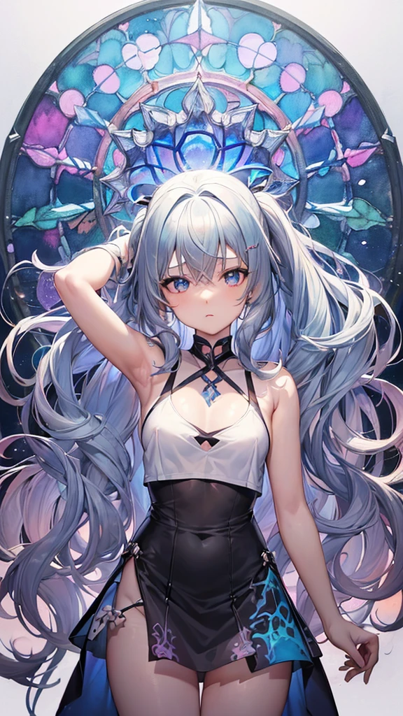 a female anime figurine dressed in black standing under altar with stained glass windows, 1girl, saber alter, artoria pendragon (fate), stained glass, 独奏,  blue
 eyes, elbow gloves
、prism ray、(watercolor,tegaki:1.4),(soft pastel colors:1.3),( blue eyes:1.1),BREAK,,(pastel white color palette:1.3),(pastel  tank top:1.4),(mini skirt:1.3),(music score:1.1)、kawaii、rough toutch、Detailed expression、(Teenage Girls、Beautiful face、Lonely face、Beautiful eyes、Blue Eyes、Gray Hair、Curly Hair、slender、delicate、Small breasts、 legs、Inner thighs、White skin、Beautiful Skin、Perfect fingertips、8 heads、look away、during、Lolicon)、ponytail