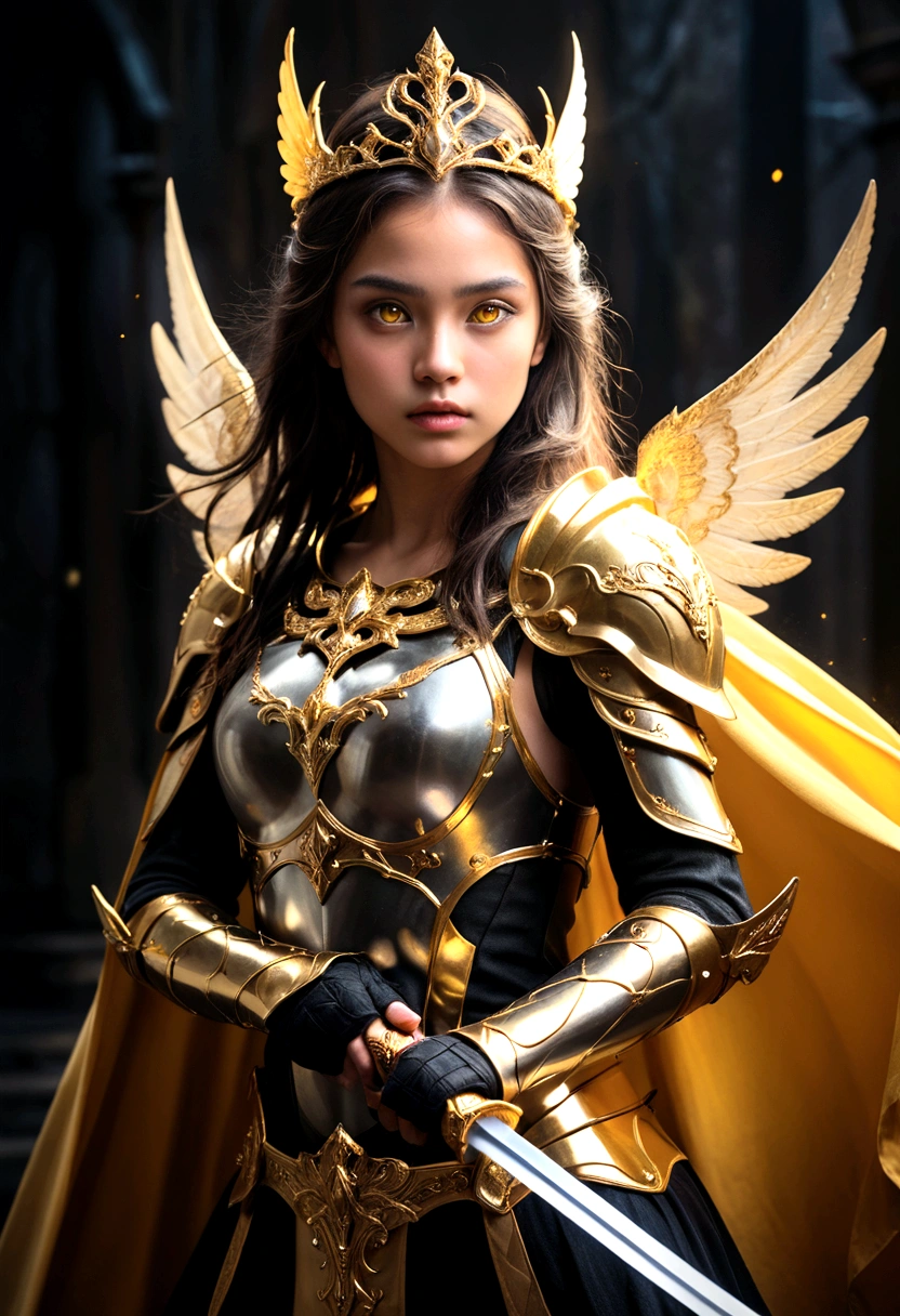 1girl, ethereal fantasy concept art, girl in black and gold armor, glod tiara, gold armor, holding gold sword, low wings, head wings, glowing sword, glowing runes, glowing eys, yellow eyes, cape, glory, lighting, black background, with a dynamic and magical background, masterpiece, best quality, magnificent, celestial, ethereal, painterly, epic, majestic, magical, fantasy art, cover art, dreamy, Multi-Layered Textures, HDR, High Dynamic Range, Maximum Clarity And Sharpness, Multi-Layered Textures,