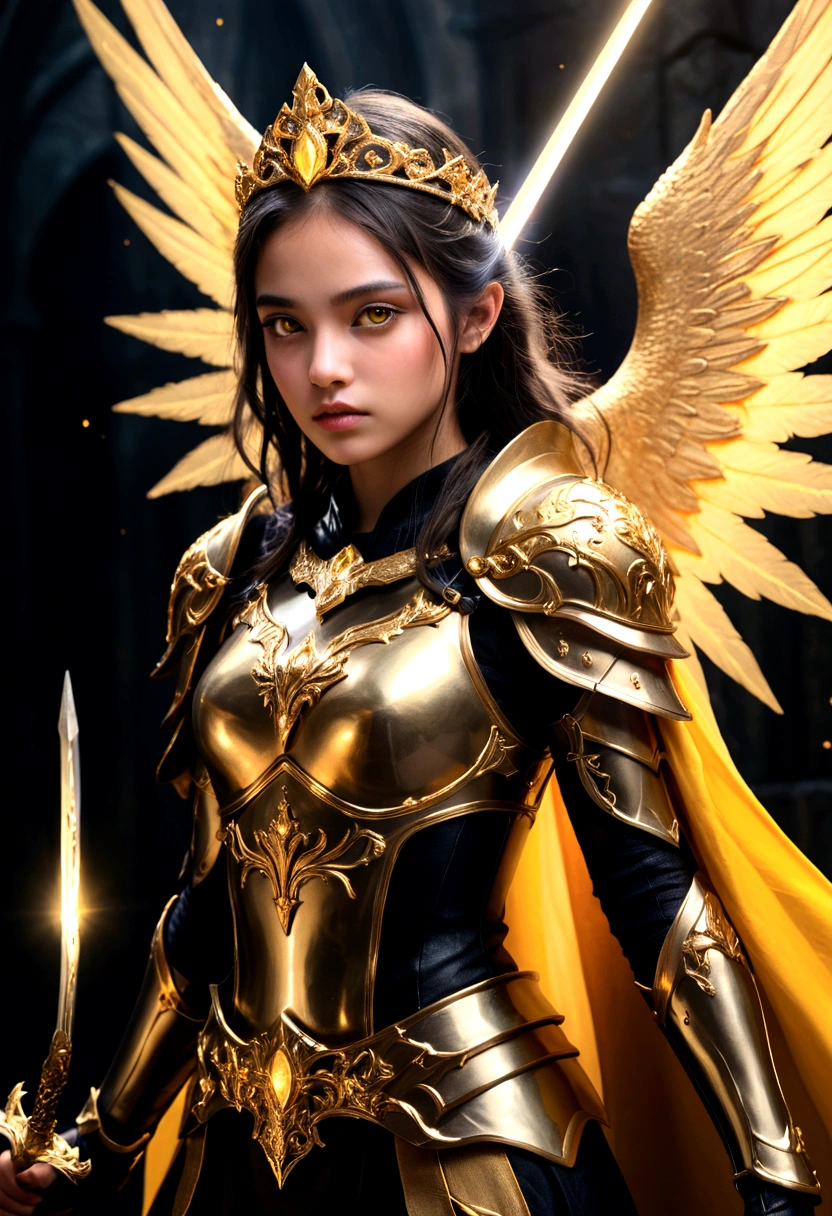 1girl, ethereal fantasy concept art, girl in black and gold armor, glod tiara, gold armor, holding gold sword, low wings, head wings, glowing sword, glowing runes, glowing eys, yellow eyes, cape, glory, lighting, black background, with a dynamic and magical background, masterpiece, best quality, magnificent, celestial, ethereal, painterly, epic, majestic, magical, fantasy art, cover art, dreamy, Multi-Layered Textures, HDR, High Dynamic Range, Maximum Clarity And Sharpness, Multi-Layered Textures, 