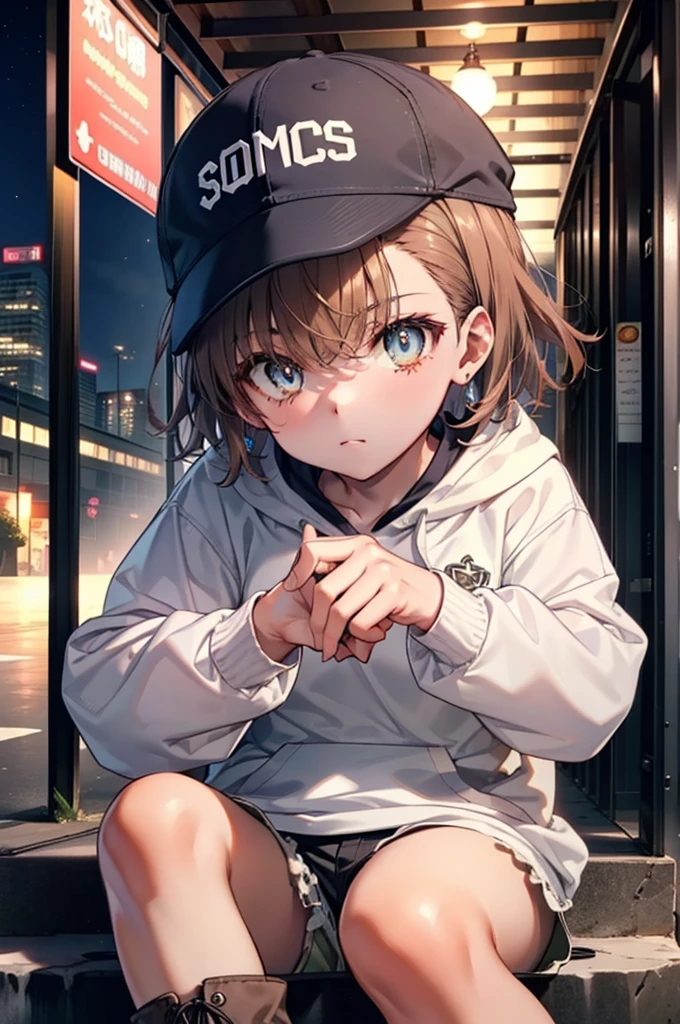 Mycotrose, Brown eyes,Brown Hair,short hair,Small breasts,Oversized black hoodie,Baseball hats,Shorts,boots,Both hands are in the pockets of the hoodie,Sitting on the stairs,night,moonlight,whole bodyがイラストに入るように,　　　　　　　　　　　　　　　　　 　　　break looking at viewer, whole body,　　　 　　　　　　break outdoors, Building district,　　　　　　　　　　　　　　　　　　break (masterpiece:1.2), Highest quality, High resolution, unity 8k wallpaper, (shape:0.8), (Beautiful and beautiful eyes:1.6), Highly detailed face, Perfect lighting, Highly detailed CG, (Perfect hands, Perfect Anatomy),