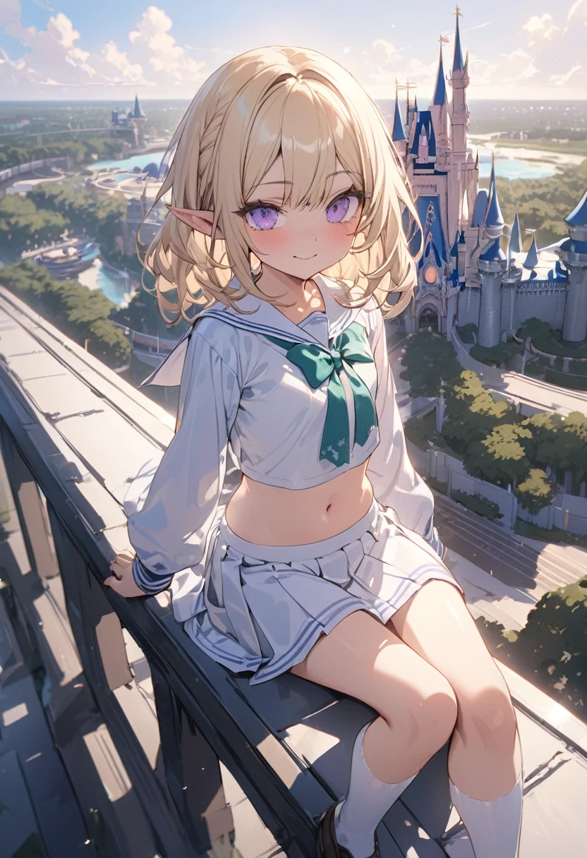 ((Masterpiece)), ((best quality)), (ultra-detailed), ((kawaii)), ((extremely detailed)), 4K, (8K), (super detail:1.2),(High Definition:1.3), (Professional Photography:1.2), (wide shot), cinematic lighting, (sharp focus), (perfect light), ((1girl)), ((12 years old)), cute young girl, (very smug), (Beautiful purple eyes:1.2), (dark skin), elf girl, (small chest), (Embroidered cute school uniform)), cute navel, (Healthy slim body), (long bangs), silky and straight hair, (medium hair), ((beautiful blond hair)), BREAK, ((best quality)), ((extremely detailed)), (loose sitting on the rooftop), (the Disney Resort), Cinderella Castle spreading out below,