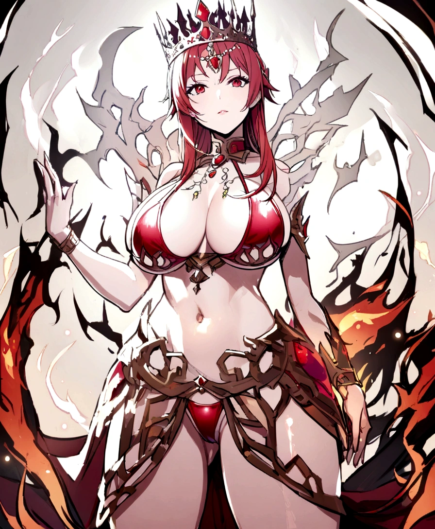 Ruby bikini, ruby crown, bare belly, big breasts, red hair, red eyes, godness of fire, fire magic