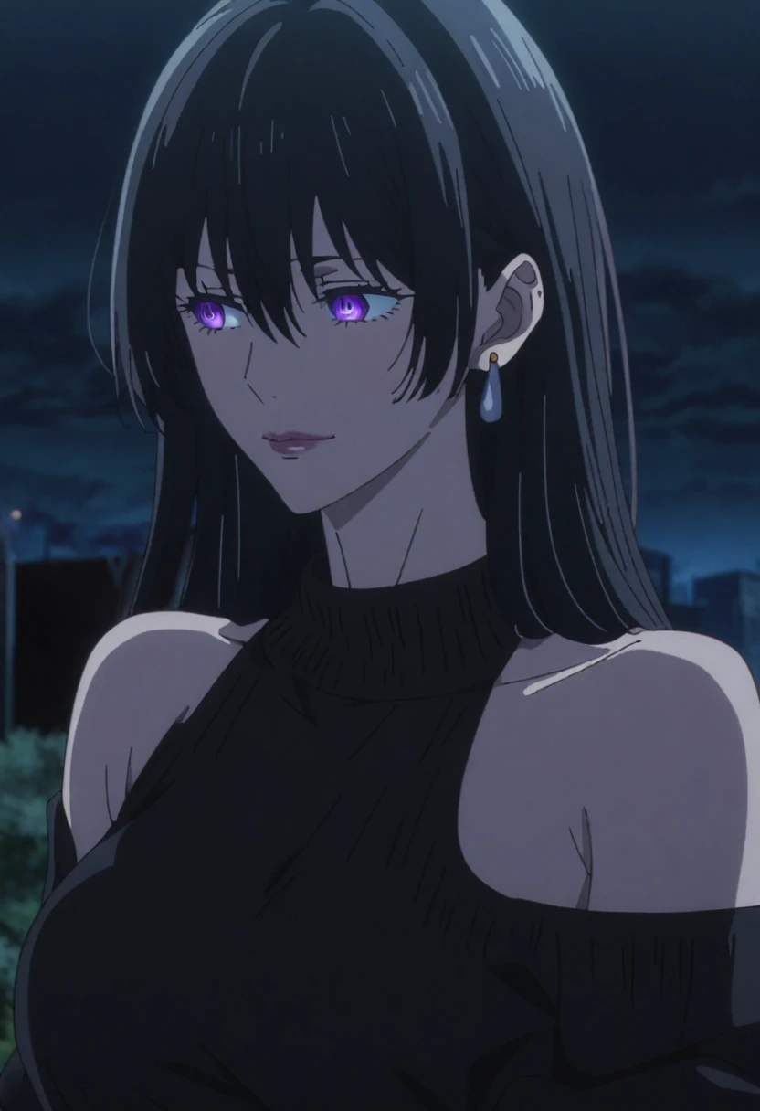 1girl, female gojo satoru, anime screencap from jujutsu kaisen, gojo satoru female version, solo, long_hair, purple eyes (black_hair)), night view, (hanging breasts) upper_body, smile, purple_eyes, lips, ((wearing black colour sweater, bare shoulder)) breast, "very detailed and high resolution" (purple eyes) (cross arms) ((long hair, hair between eyes)) ((solo)) (front view) (earings) ((high resolution)) ((good quality))