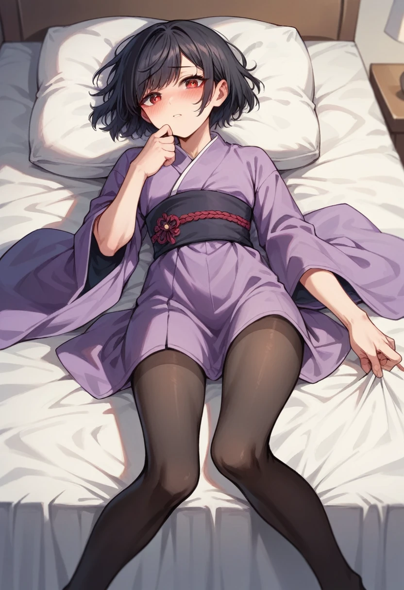 (masterpiece),(Highest quality),y,Purple kimono,Clothes falling apart,Iris,Red eye highlights,Black Hair,Short Bob,Bangs,crossdresser,cute,blush,Watery eye,Bed in your room,black tights