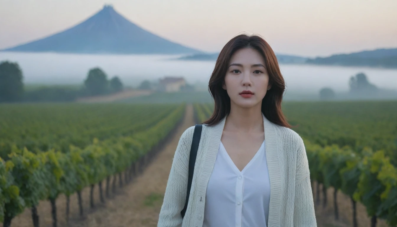 8k best picture quality, Beautiful 36-year-old Korean woman, short and nice weather. Chest size 34 inches, Dense fog at dawn in the Italian countryside, past the vineyard, A cathedral can be seen in the village in the distance in the fog..., The back background is realistic and vivid quality., Short and medium hair blowing in the wind, Wear luxury brand travel clothes, wearing a cardigan., a faint smile. the background is clear, Short and slim Korean woman, stand far away, Photo taken with a wide-angle lens