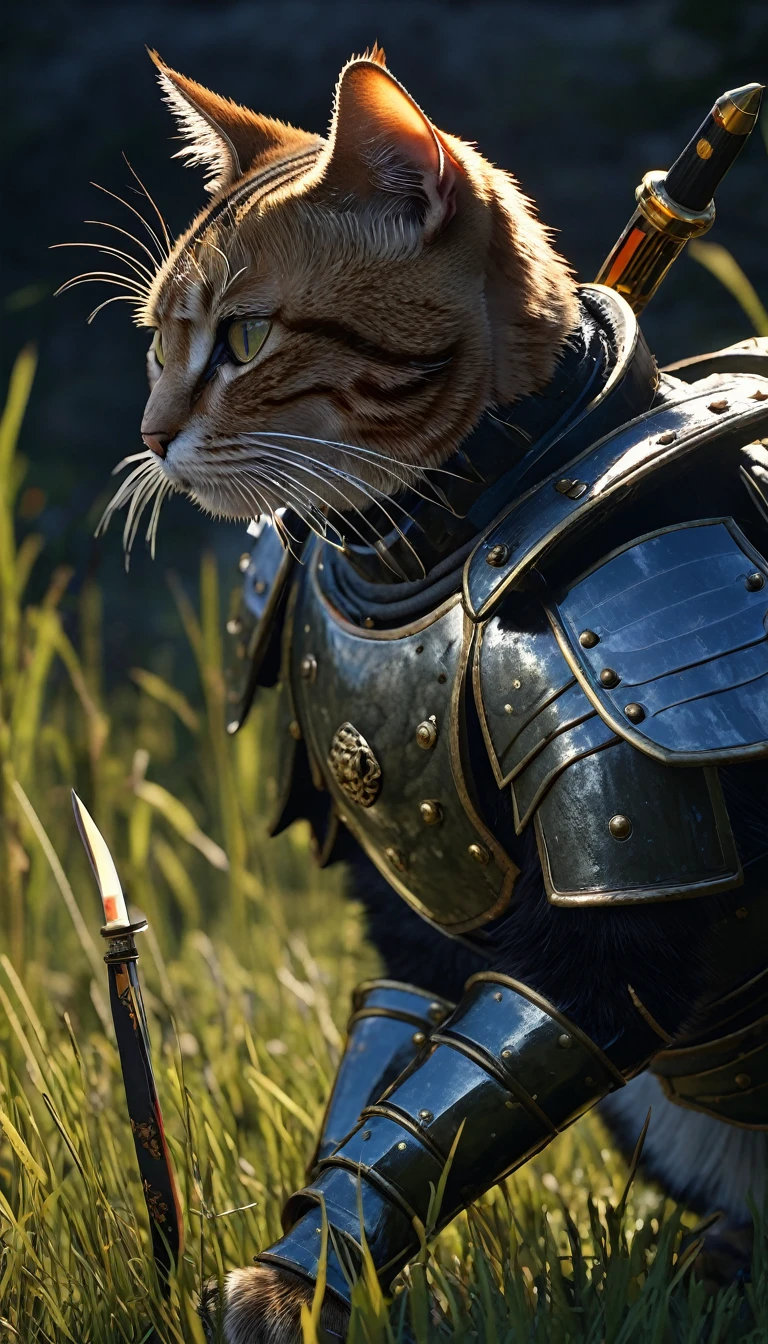 masterpiece, (Super detailed), (Animal anthropomorphism), Cat, good looking, Japanese Armor,knife、 Dim lighting, cigarette, Shadow, Night grassland battlefield, Highest quality, Single Focus, (skimming: 1.1), Muscular man, whole body, Complex (High detail: 1.1) Unreal Engine.multiple、