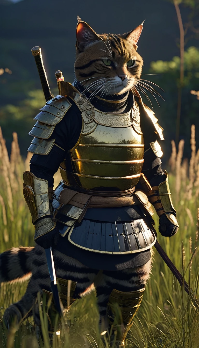 masterpiece, (Super detailed), (Animal anthropomorphism), Cat, good looking, Japanese Armor,knife、 Dim lighting, cigarette, Shadow, Night grassland battlefield, Highest quality, Single Focus, (skimming: 1.1), Muscular man, whole body, Complex (High detail: 1.1) Unreal Engine.multiple、