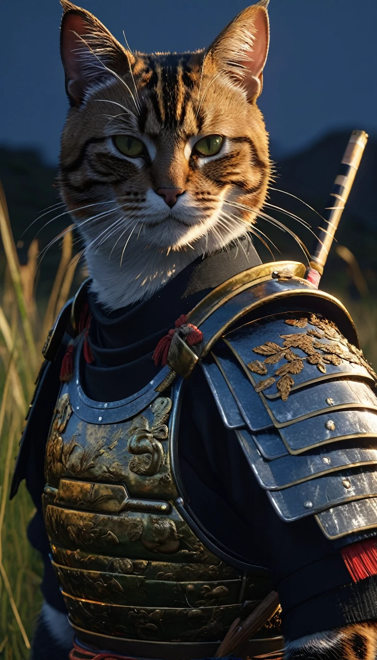 masterpiece, (Super detailed), (Animal anthropomorphism), Cat, good looking, Japanese Armor,knife、 Dim lighting, cigarette, Shadow, Night grassland battlefield, Highest quality, Single Focus, (skimming: 1.1), Muscular man, whole body, Complex (High detail: 1.1) Unreal Engine.multiple、