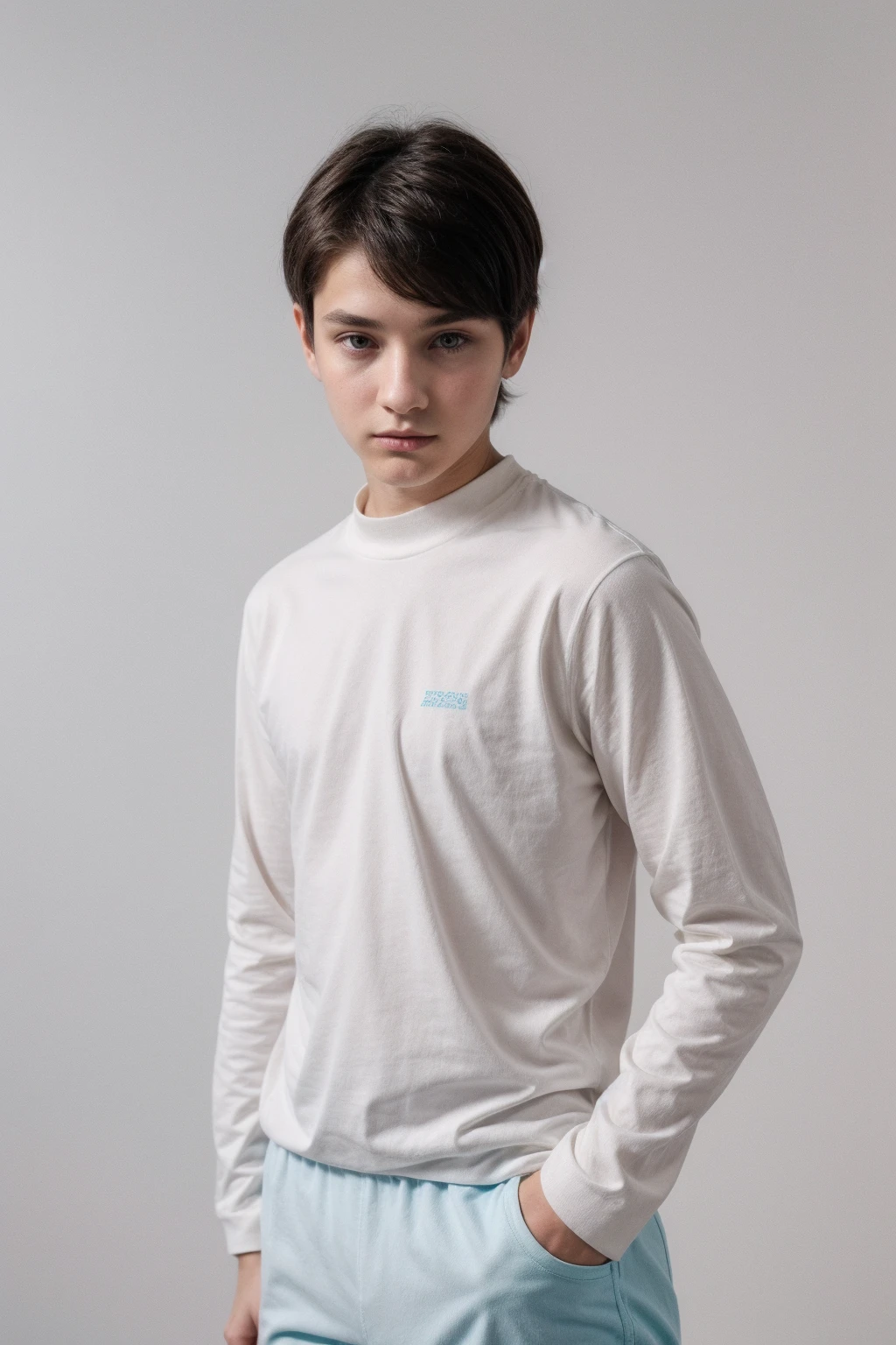 A beautiful young male twink with black hair and a white face with makeup. He is wearing a long-sleeved shirt, a tight-fitting brown shirt, aqua blue pants, and a white background.