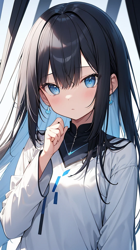 monochrome color, Blue Art, grayscales、masterpiece、top-quality、Top image quality、straight haired、Hanging eyes、kawaii、A dark-haired、blue eyes、the wind、ビル群