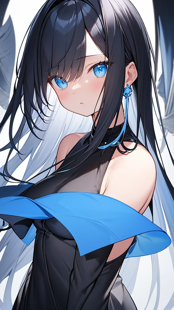 monochrome color, Blue Art, grayscales、masterpiece、top-quality、Top image quality、straight haired、Hanging eyes、kawaii、A dark-haired、blue eyes、the wind、ビル群