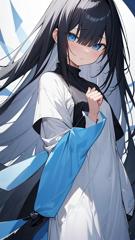 monochrome color, Blue Art, grayscales、​masterpiece、top-quality、Top image quality、straight haired、Hanging eyes、kawaii、A dark-haired、blue eyes、the wind、ビル群