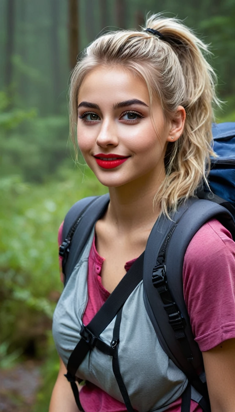 ultrarealistic high quality fullbody photo of a beautiful busty slim european 19-year-old mwoman with cute hyperdetailed shy face and dyed platin blonde long messy ponytail hair and happy face, realistic round hazel eyes, red lips, dark eye makeup with eyeliner, wearing soaking wet outdoor hiking outfit with backpack, hourglass body, outdoor shooting on a lost place with heavy rain