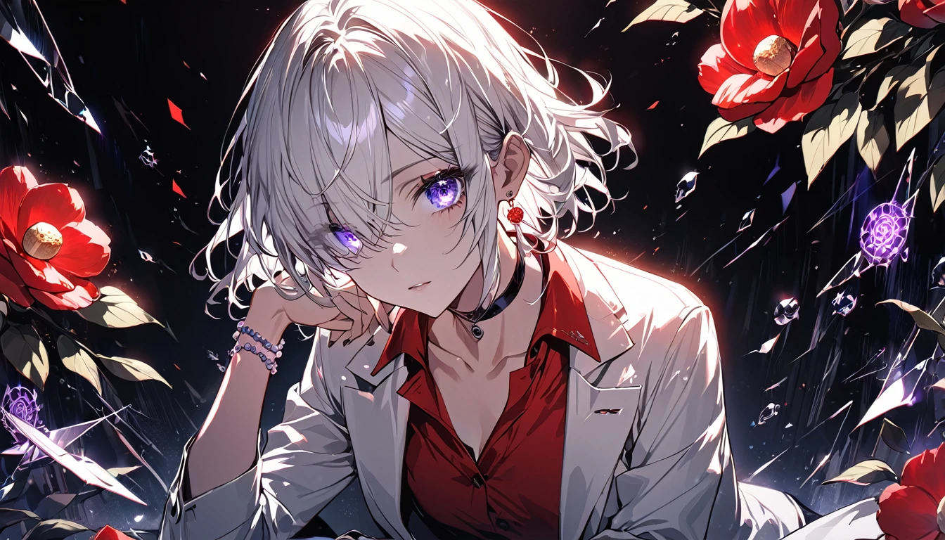 (masterpiece:1.2, Highest quality), (Beautiful, detailed eyes: 1.2), (Detailed Background,Dark fantasy), (Beautifully detailed face), High Contrast, (Best lighting, Very delicate and beautiful), ((Cinematic Light)), colorful, Hyper Detail, Dramatic Light, Intricate details, ( Vox, alone, View your viewers, shirt, Long sleeve, White Background, jewelry, Sitting, Jacket, flower, Earrings, Open clothes, choker, collared shirt, belt, pants, Medium Hair, Manicure, Hair on one eye, bracelet, The legs are off the frame, formal, table, white Jacket, Crossing your legs, suit, red flower, red shirt, Tassel, beads, 片耳用Earrings, black belt, bead bracelet, Tassel Earrings, Camellia), Black light swirling around the character, Depth of written boundary,black light particles,(Broken glass),magic circle, (((One boy))), Upper Body