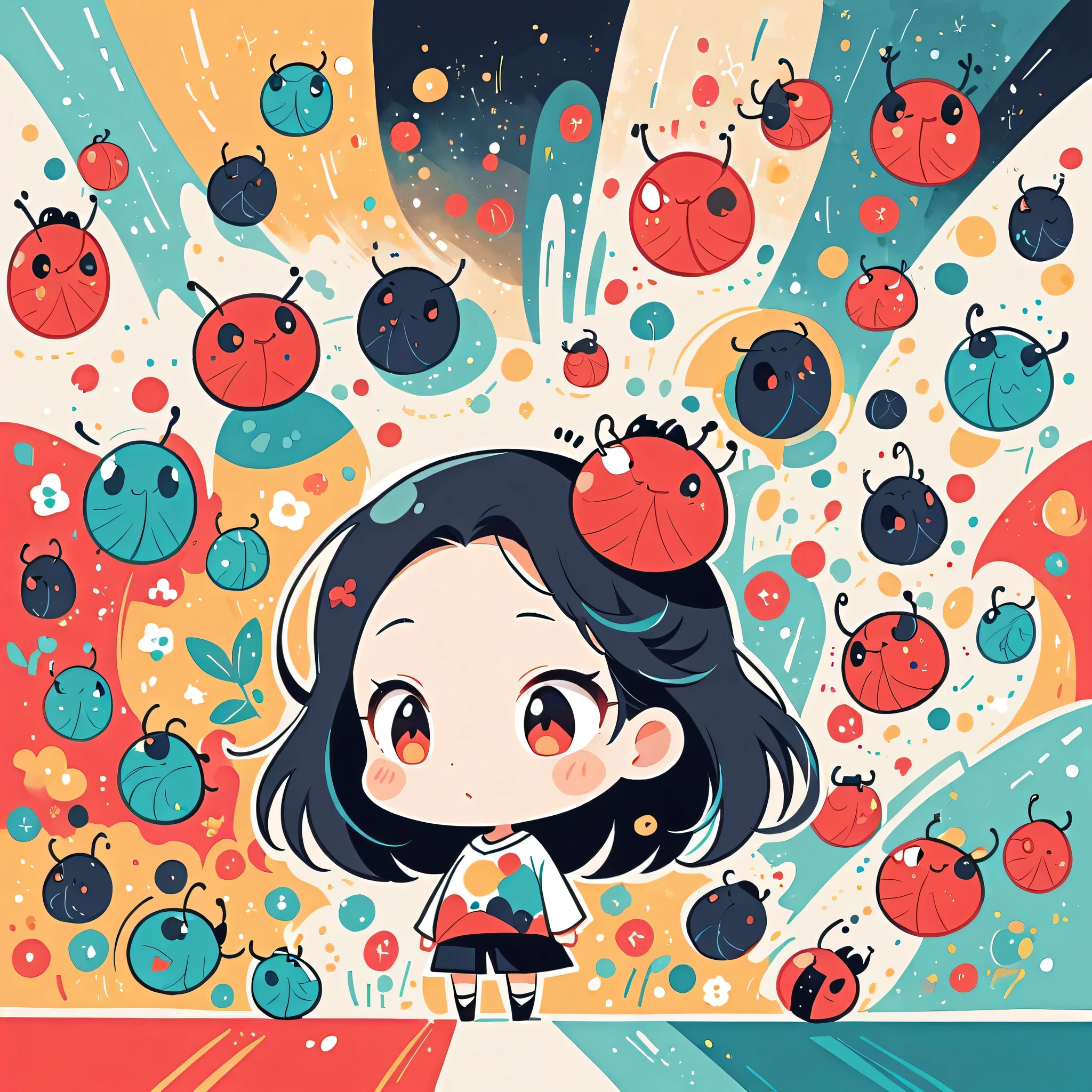 Black Star Red and White style, Standing in front of a high wall,Simple Line Initialism,Abstract art,Urban Background, (((The most beautiful girl))), (((chibi))), Cute and colorful pillbugs,
