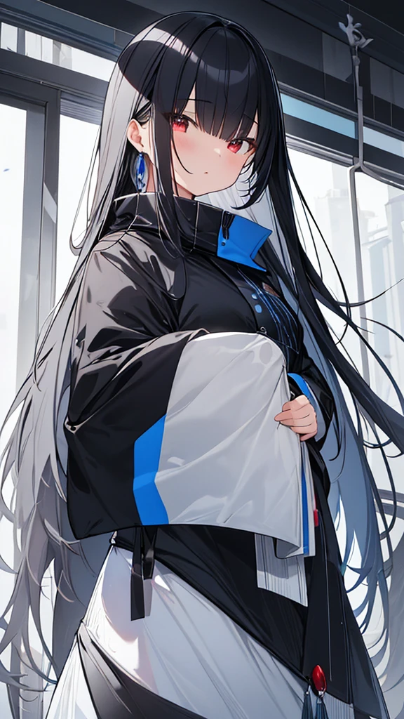 monochrome color, Blue Art, grayscales、masterpiece、top-quality、Top image quality、straight haired、Hanging eyes、kawaii、A dark-haired、red eyes、the wind、ビル群